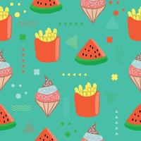 lindo chibi alimentos de patrones sin fisuras memphis doodle para niños y bebé kawaii dibujos animados vector premium