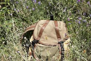 Backpack, green, close-up on a mountain meadow with purple lavender without people. Hiking concept. photo