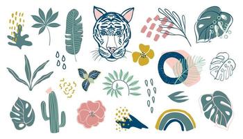 Big set with tropical leaves, cactus, tiger and abstract textures. Plant collection. Digital vector illustrations in simple hand drawn style. All illustrations are isolated.