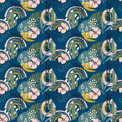 Beautiful abstract seamless pattern with tropical ornament on blue background. Vector illustration for cute backdrops, textile, wrapping paper, scrapbook paper. Abstract texture.