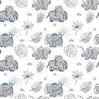 Cute baby vector seamless pattern with hand drawn elephants and tropical plants on white background. Cute characters in simple style. Good for baby nursery, clothes, textile, paper.