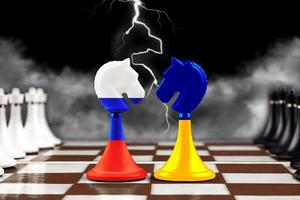 Military chess conflict. Two chess knights on a chessboard in the colors of the flags of Ukraine and Russia. Against the backdrop of a thunderstorm, a symbol of confrontation. photo