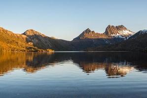 The spectacular view of Dove lake with reflection of Cradle mountain the world heritage sites of Tasmania state of Australia during the sunset. photo