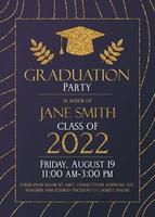 Dark with gold glitter Graduation party 2022 invitation card. vector