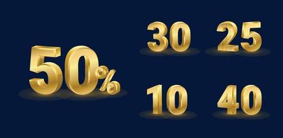 Collection of gold discount numbers percent off on dark blue background vector