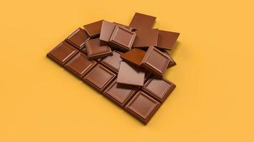 trozos de chocolate con leche aislados en el fondo de mostaza desde la vista superior trozos de sabroso chocolate oscuro 3d renderizado foto