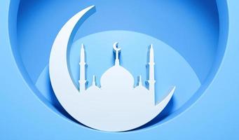 Ramadan Kareem Mubarak crescent, cloud, star, window on blue pastel background. Design creative concept of Islamic celebration day Eid al Fitr Adha, hajj, Hijri, Mawlid. 3D illustration 3d rendering photo