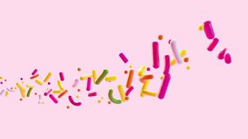 Colorful yummy sprinkles flowing in the air pink background. Copy space 3d rendering 3d illustration photo