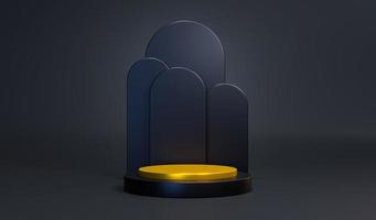Background minimalist black gold Empty cylinder podium vacant pedestal round stage showcase stand, product display platform Abstract architectural elements. Copy space. Premium design 3d renderering photo