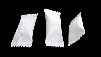 embalaje de envoltura de caramelo volador paquete de polietileno blanco, snack bar ilustración 3d foto
