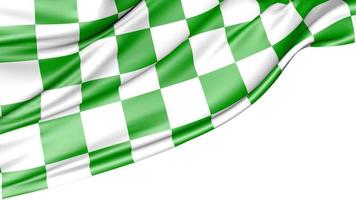 auto carreras verde blanco bandera a cuadros aislado sobre fondo blanco, ilustración 3d foto