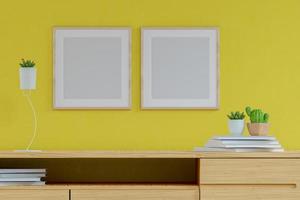 Square wooden frame mockup of two pieces on blank white wall background. 3D rendering, illustration. photo