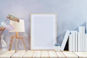 Wooden frame mockup in scandi style interior on empty white wall background. 3d rendering, illustration photo