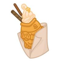 taiyaki vanilla milk ice cream  topping with chocolate wafer roll and gold leaf in a paper envelope kawaii doodle flat vector illustration