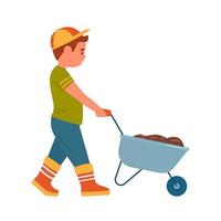 Cute Little Boy In A Cap And Rubber Boots Pushing Wheelbarrow Of Earth. Flat Vector Kid Character Illustration. Isolated On White.