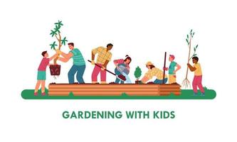 Gardening with kids horizontal vector banner. Multiracial children and adults planting trees, watering, digging, bringing seedlings.