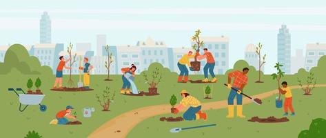 Adults and kids planting trees and bushes in the park vector illustration. Different people carrying trees, digging, watering. Gardening with children outdoors.