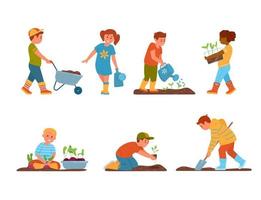 Vector Set Of Kids Gardening. Boys And Girls In Rubber Boots Watering, Planting, Digging, Harvesting Outdoors. Isolated On White.