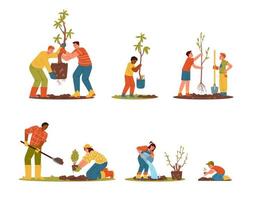 adultos y niños plantando árboles y arbustos conjunto de ilustraciones vectoriales. diferentes personas cargando árboles, cavando, regando. jardinería con niños al aire libre. vector