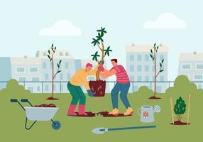 Two men carrying big tree for planting flat vector illustration. Adults planting trees in the city park.