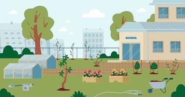 School backyard with greenhouses, flower beds, planted seedlings, gardening equipment. Empty school spring garden with trees and flowers.