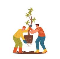 Two men carrying big tree for planting flat vector illustration.