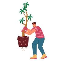 Man carrying tree seedling for panting flat vector ilustration isolated on white.