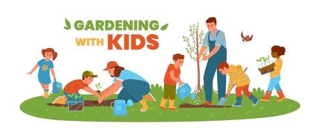 Gardening With Kids Horizontal Vector Banner. Children And Adults Planting Trees And Flowers. Boys And Girls Watering, Planting, Digging, Carrying Seedlings.