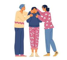 Man and woman hugging and comforting their friend flat vector illustration. Crying woman supported by relatives.
