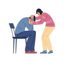 Woman supporting and comforting crying man flat vector illustration. Man in grief sitting and holding his head.