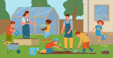 Teachers And Children Gardening In The Backyard. Kids Planting Seedlings, Digging, Watering. School Garden With Greenhouse and Patches. Vector Illustration.