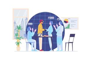 Business team meeting in metaverse flat vector illustration. Man in VR headset shaking hand with hollogramic woman. Modern technologies in business concept.