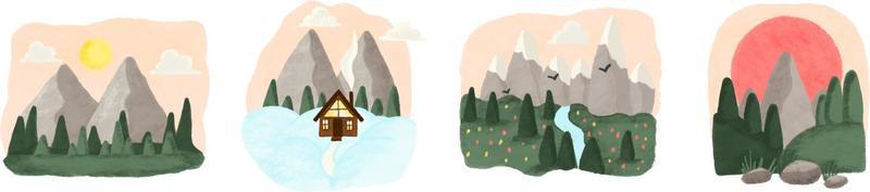Set of Illustrations Depicting Mountains Landscape Highlands
