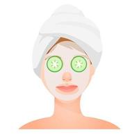 Vector illustration set of skin care applies cosmetic masks. Girl skin care face cucumber mask elements of home spa, beauty, relaxation, beauty treatments