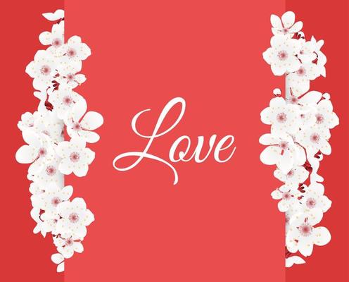 Vector greeting card template with flowers blossoms. For Valentine's day. Cherry flower spring banner with blooming sakura on the red background for wedding. Love