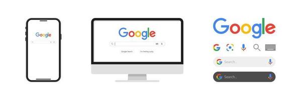 Google search bar with logotype. Desktop and mobile browser mockup. Set of search tools. Vinnytsia, Ukraine - May 12, 2022 vector