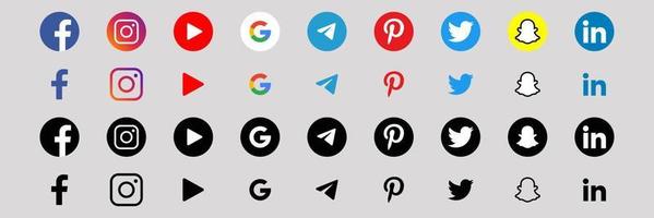 Social media set icons. Facebook, Instagram, Youtube, Google, Telegram, Pinterest, Twitter, Snapchat, Linkedin. Vector Editorial. Vinnytsia, Ukraine - May 23, 2022