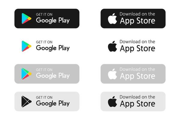 Badges Google Play store, Apple App store, different languages