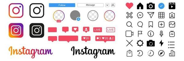 conjunto de iconos de instagram ui. aplicación de icono de interfaz de redes sociales. me gusta, comentar, seguir, vivir, igtv, comprar, notificación. ilustración vectorial vector