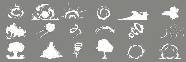 nubes de humo de dibujos animados. nubes de vapor, niebla, humo, niebla, polvo, explosión, vapor de silueta de viento, explosión de humo, colección de nubes cómicas. elemento clipart para animación vector