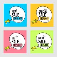 set of speech bubbles with discount text and loudspeaker elements. discount promotion label vector