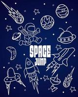 hand drawn space illustration doodle icon set. astronaut, rocket, ufo, planet design for kids poster vector