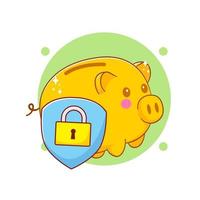 Cute piggy bank with shield cartoon illustration vector