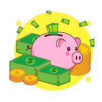 Cute piggy bank with coins and money cartoon illustration vector