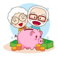 Cute grandparents with piggy bank cartoon illustration vector