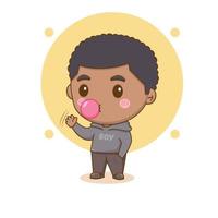 Cute happy boy popping gum bubbles. Chibi cartoon character. Vector art illustration
