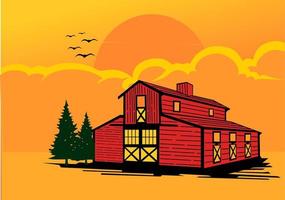 vector illustration of a barn with clouds and sunset background. flat style landscape design