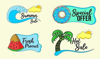 insignia de vector de tema de verano para promoción de descuento. diseño con ilustraciones, olas, helados, cocoteros, donuts