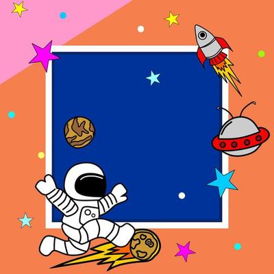 space theme square background with rocket, astronaut illustration