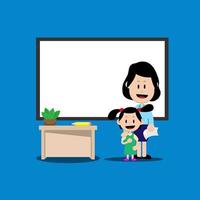 A female teacher with female preschool students are standing in front of the class and there is a copy space area. Suitable for educational media, presentations, etc vector